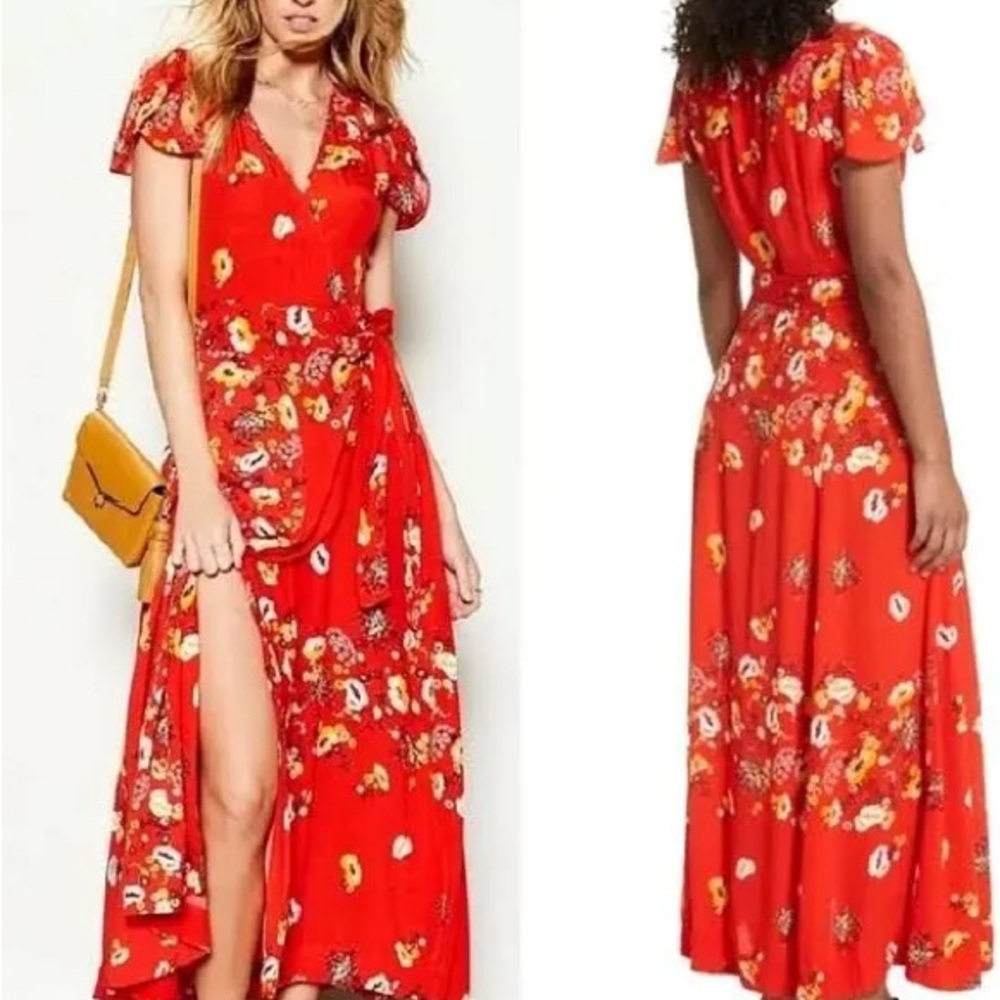 Free People Gorgeous Jess Maxi Dress - Red Floral Wrap Dress XS